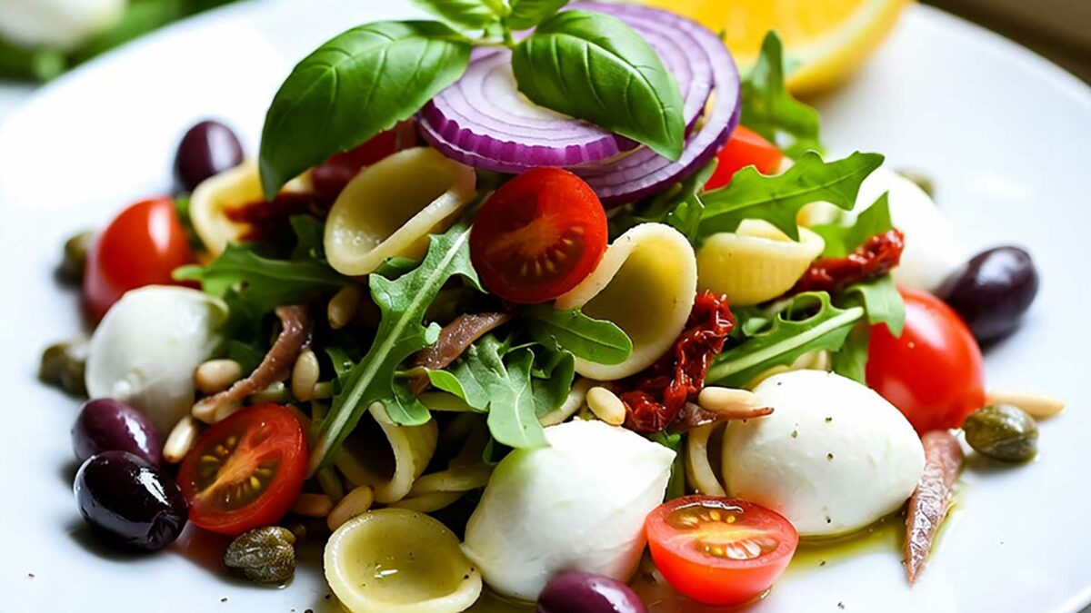 Salade orecchiette italienne fraîche avec tomates, mozzarella, roquette et basilic