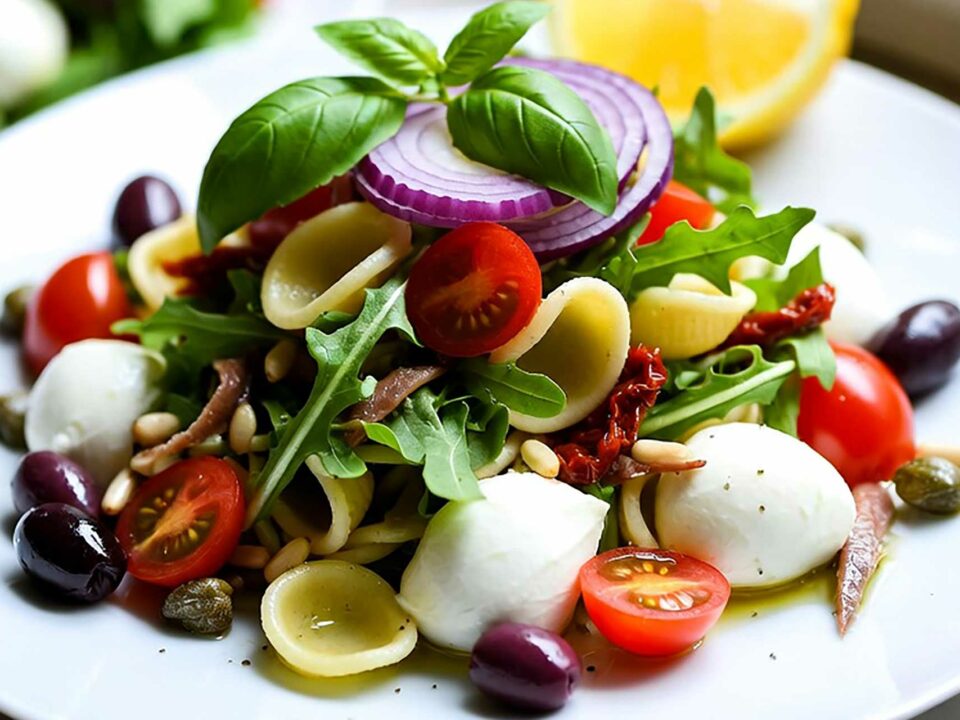 Salade orecchiette italienne fraîche avec tomates, mozzarella, roquette et basilic
