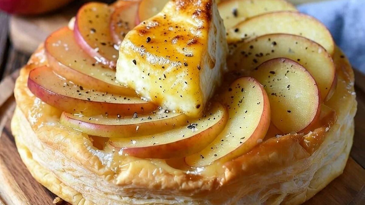 Tatin de camembert aux pommes fondante et caramélisée avec camembert coulant