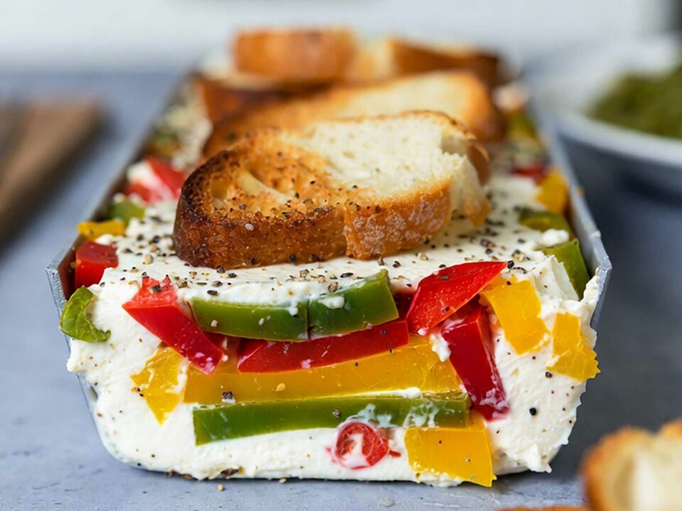 Terrine tricolore aux 3 poivrons coupée en tranche montrant les couches jaunes, vertes et rouges